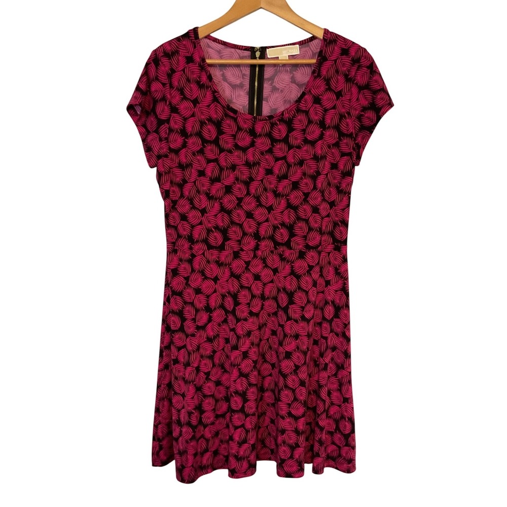 Michael Kors Pink Black Palm Leaf Print Fit & Flare Dress Scoop Neck - Picture 2 of 8
